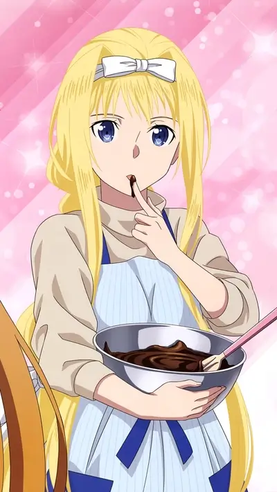 Girl baking, tasting chocolate, smiling cutely