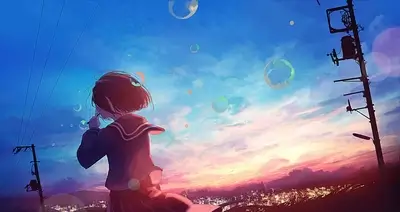 Girl blowing bubbles at sunset