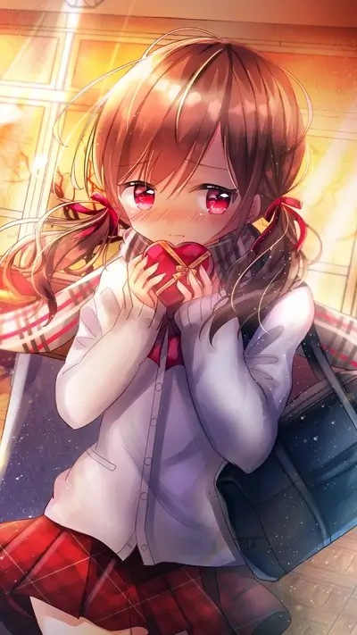 Girl blushing, holding heart-shaped box, possibly a Valentine's Day gift