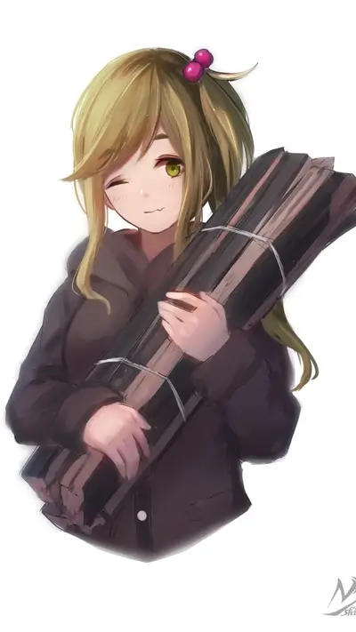 Girl carrying firewood, wearing a brown jacket