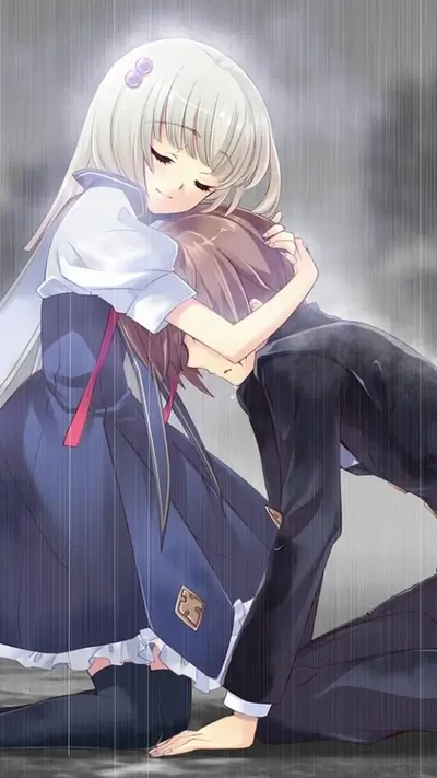 Girl comforting a crying boy in the rain