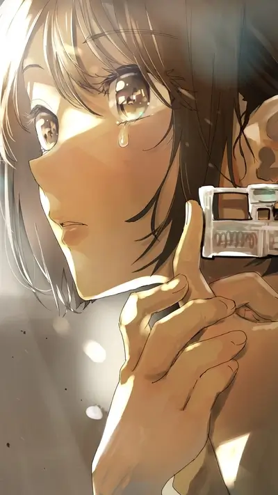 Girl crying while holding a device
