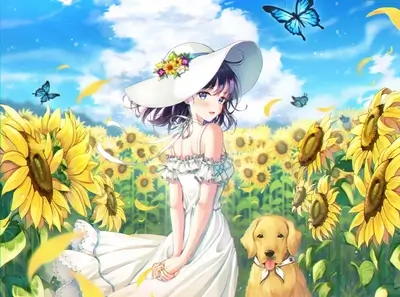 Girl, dog, field of sunflowers, and blue butterflies under a bright blue sky