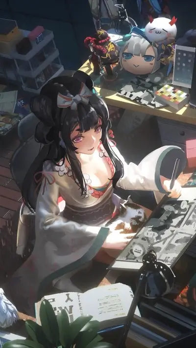 Girl drawing in her messy room
