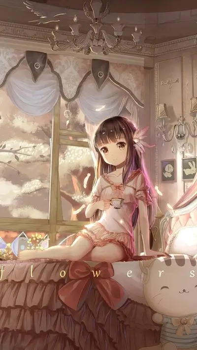 Girl drinking tea in a cute, well-decorated bedroom