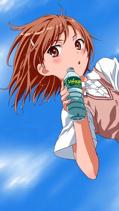 Girl drinking water under a blue sky