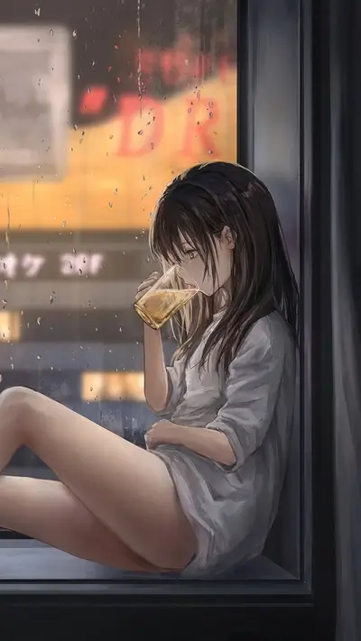 Girl drinks in window during a rainy evening, looking melancholic.