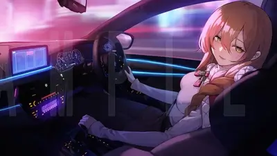 Girl driving at night in a futuristic car