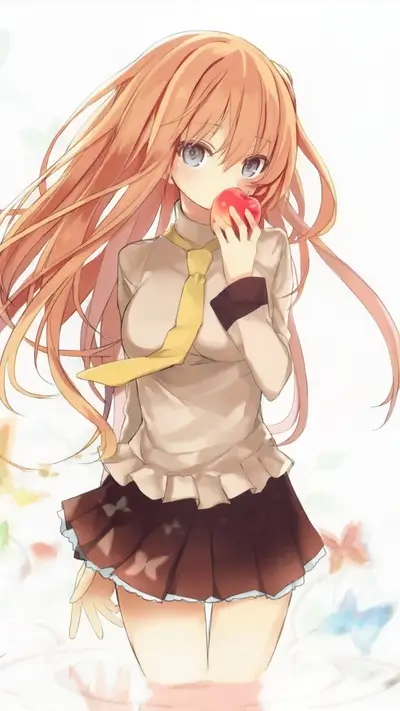 Girl eating an apple, long hair, school uniform