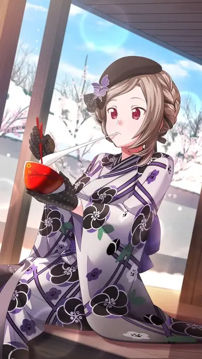 Girl eating noodles in kimono near window
