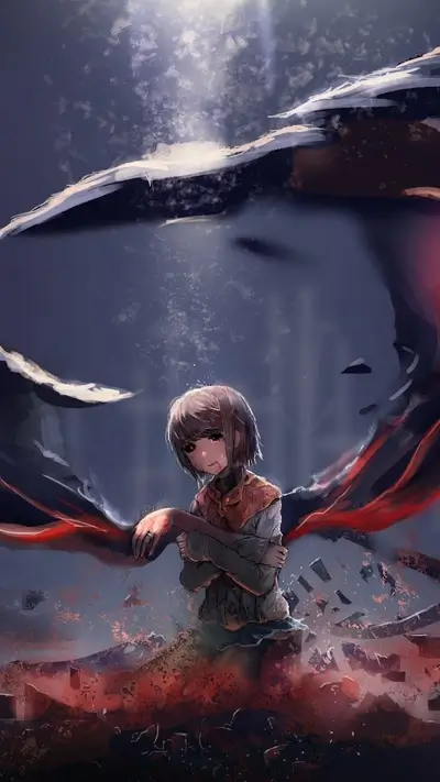 Girl embraced by dark wings in a ruined place