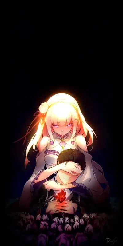 Girl embraces a fallen boy, surrounded by flowers