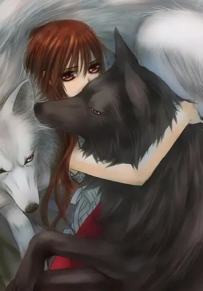 Girl embracing two wolves