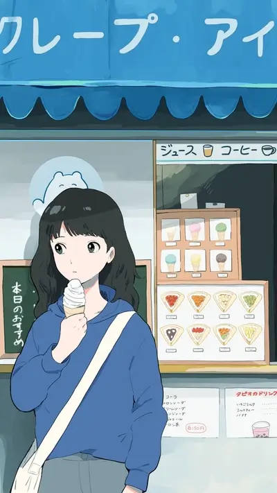 Girl enjoying ice cream at a crepe shop