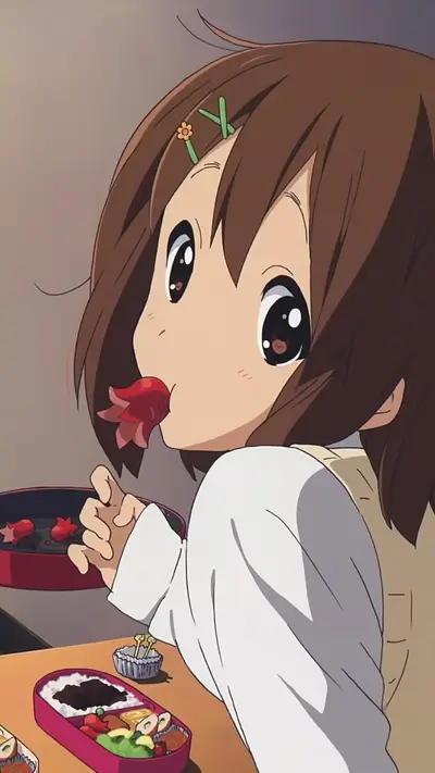 Girl enjoying meal, holds container with food and accessories