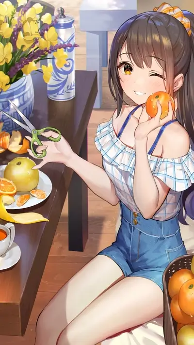 Girl enjoying oranges, cutting citrus fruits