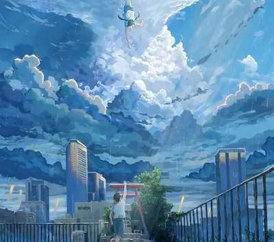 Girl falling from sky, boy reaching up
