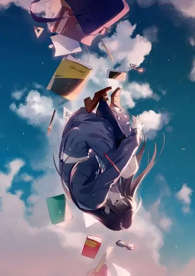 Girl falling from the sky with school supplies
