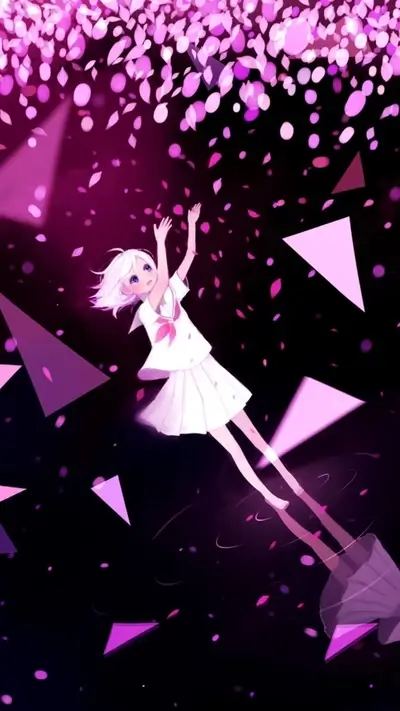 Girl falling into water, pink petals falling