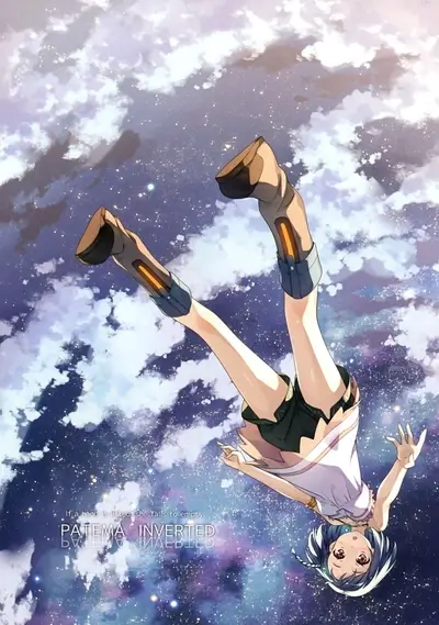 Girl falling through space, clouds and stars