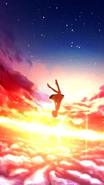 Girl falling through sunset clouds