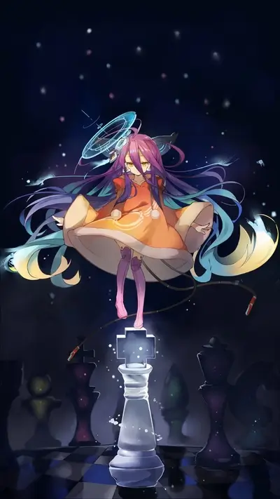 Girl floating above chess piece, whimsical atmosphere with futuristic halo.