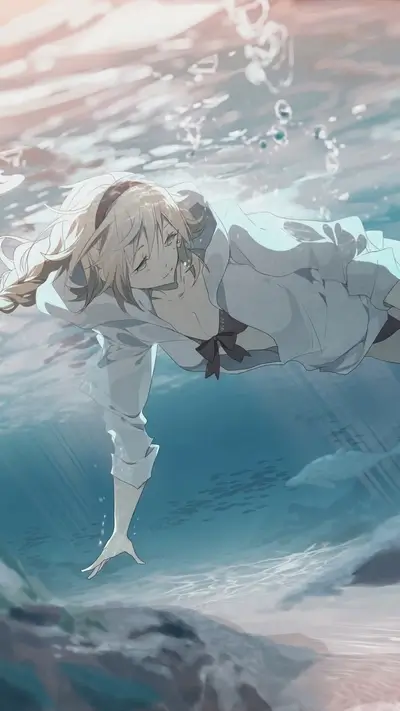 Girl floating in clear water, sunlight filtering from above