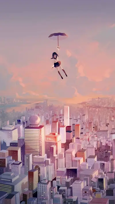 Girl floating with umbrella over city at sunset