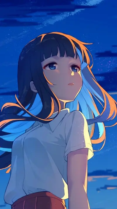 Girl gazes toward sunset, blue hair strands glow in contrast