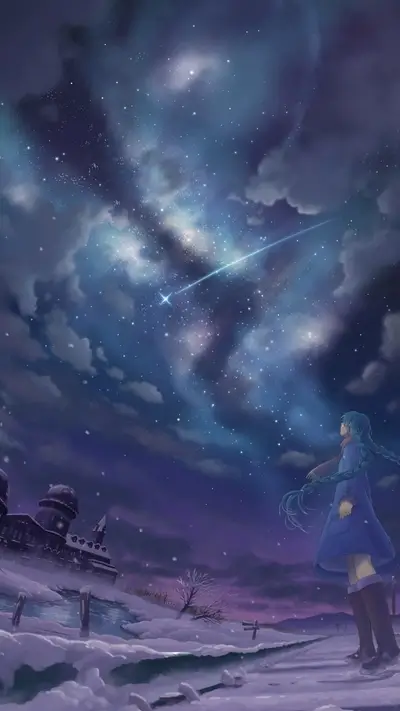 Girl gazing at shooting star in snowy landscape with building
