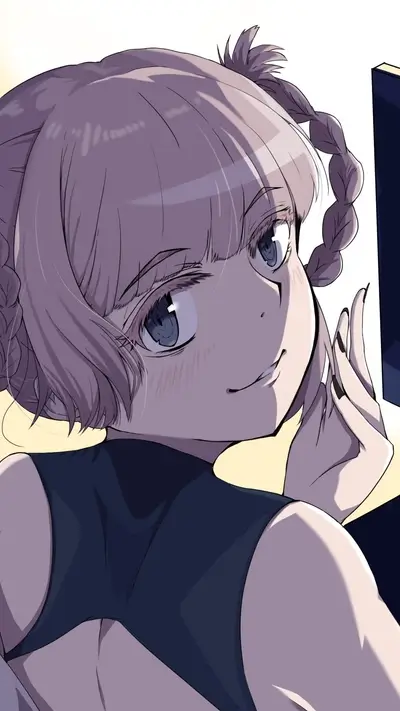 Girl glancing back with a sly smile and braided pigtails