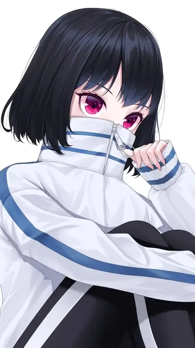Girl hiding behind her jacket zipper
