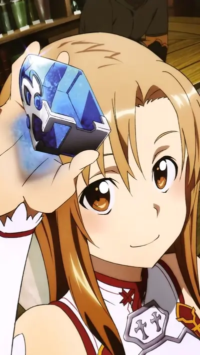 Girl holding a blue crystal, long blonde hair, red and white outfit