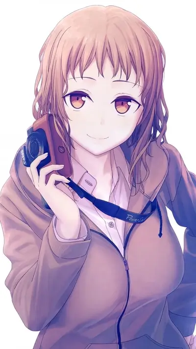 Girl holding a camera, smiling gently