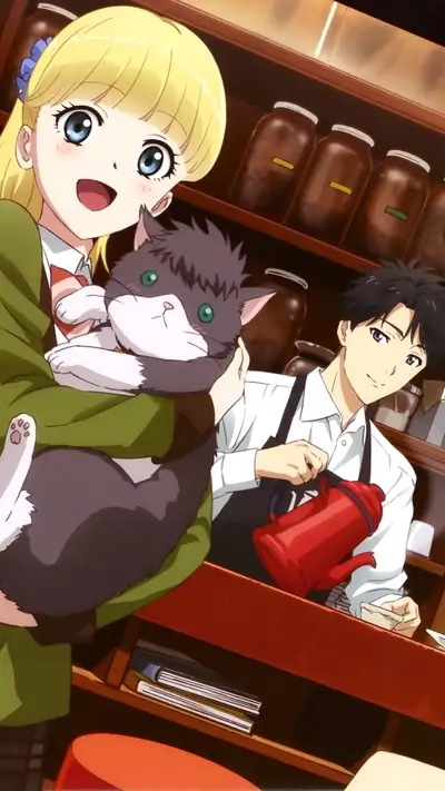 Girl holding a cat in a coffee shop