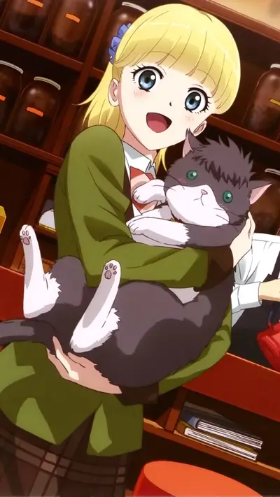 Girl holding a cat in a shop