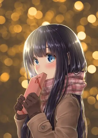 Girl holding a gift in a bokeh background