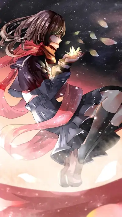 Girl holding a paper crane, snow falling