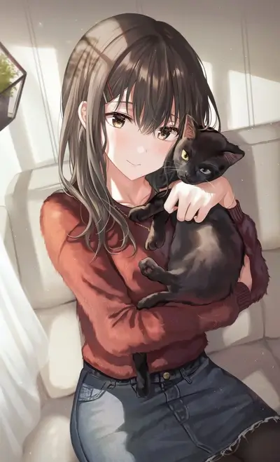 Girl holding black cat with green and yellow eyes indoors on couch
