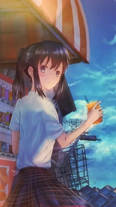 Girl holding drink, stands by bicycle, vending machine, sunny day