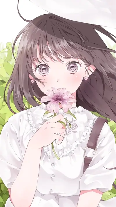 Girl holding flower up to her face, delicate look