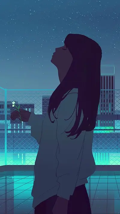 Girl holding flowers under starry night sky
