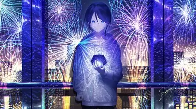 Girl holding glowing orb, fireworks background