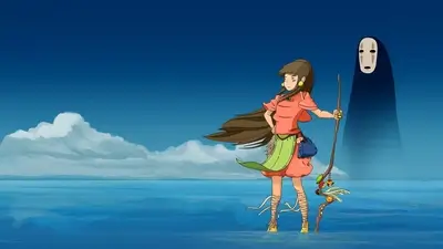 Girl holding staff standing in water with giant spirit shadow