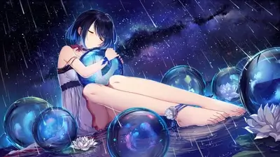 Girl hugging a glowing orb under a starry sky