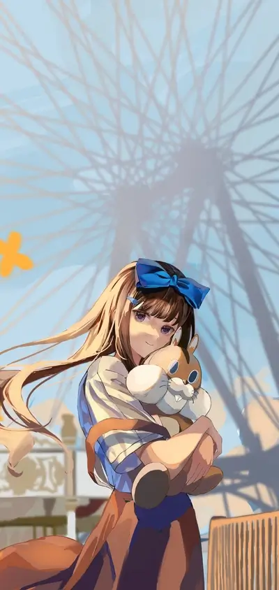 Girl hugging stuffed animal, Ferris wheel shadow