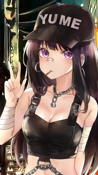 Girl in a black cap and top, peace sign