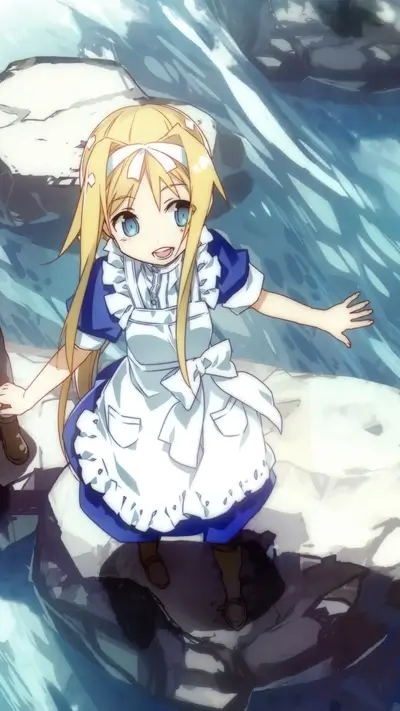 Girl in a blue and white dress near a stream