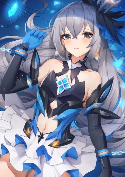 Girl in a blue and white futuristic outfit