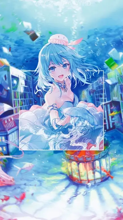 Girl in a blue dress, underwater scene